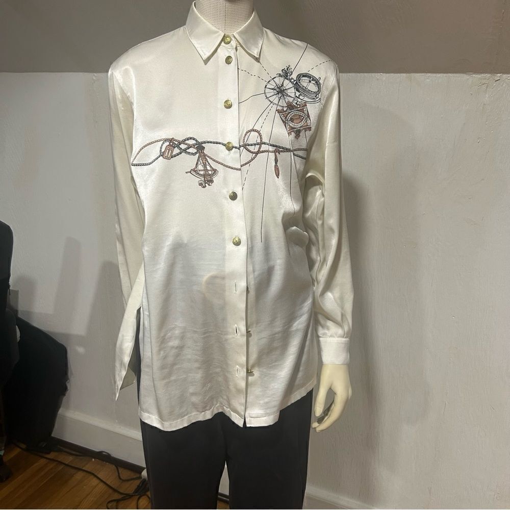 Horst Basler Vintage Shoulder Pads White Satin Blouse Chain Globe print - Picture 10 of 13